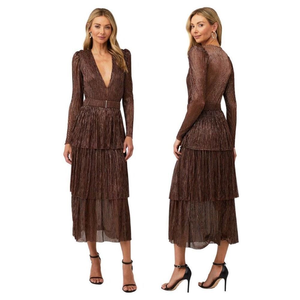 Sabina Musayev Carry Long SleeveโBronze Metallic Tiered Midi Dress No Belt XS